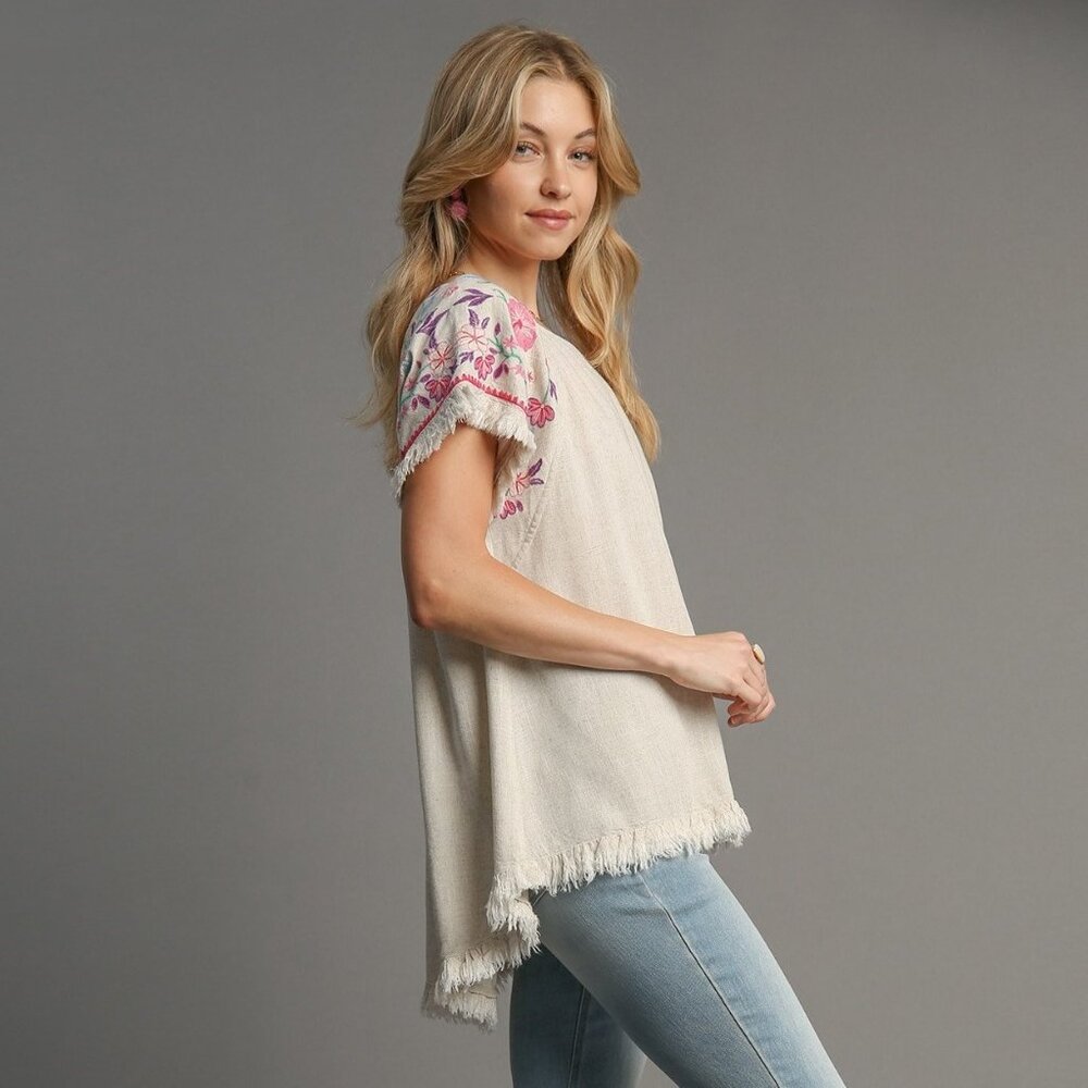 Embroidered Sleeves Linen Cotton Blend Round Neck w/ Frayed High Low Hem - Picture 3 of 15